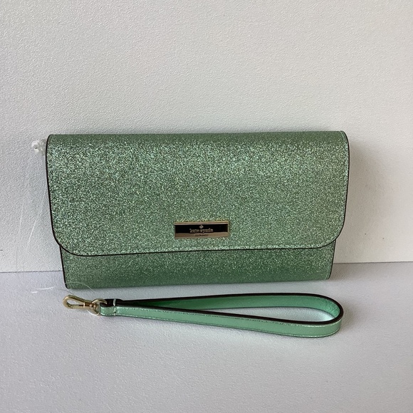Kate Spade Kenzie Boxed Glitter Medium Flap Phone Wristlet Seawater Ocean KJ007 - Picture 2 of 6